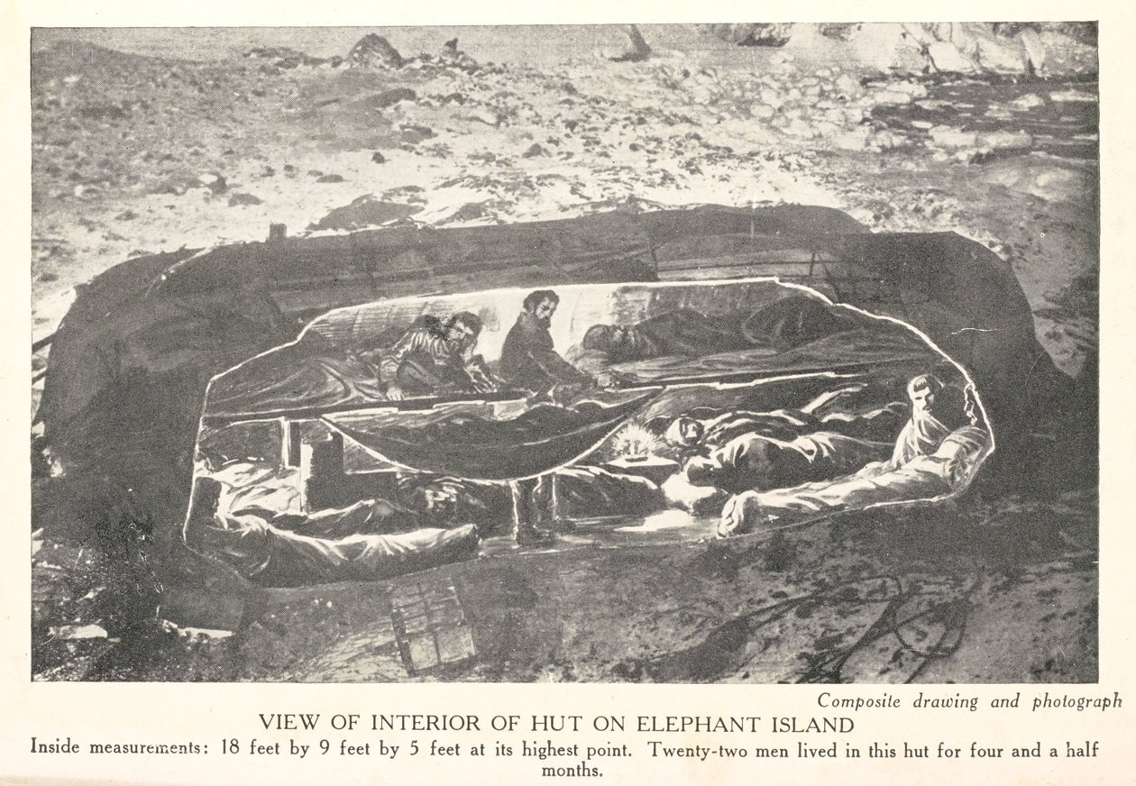 Utsikt över hyddans inre på Elephant Island, från "South: the story of the 1914-1917 expedition", av Sir Ernest Shackleton av English School