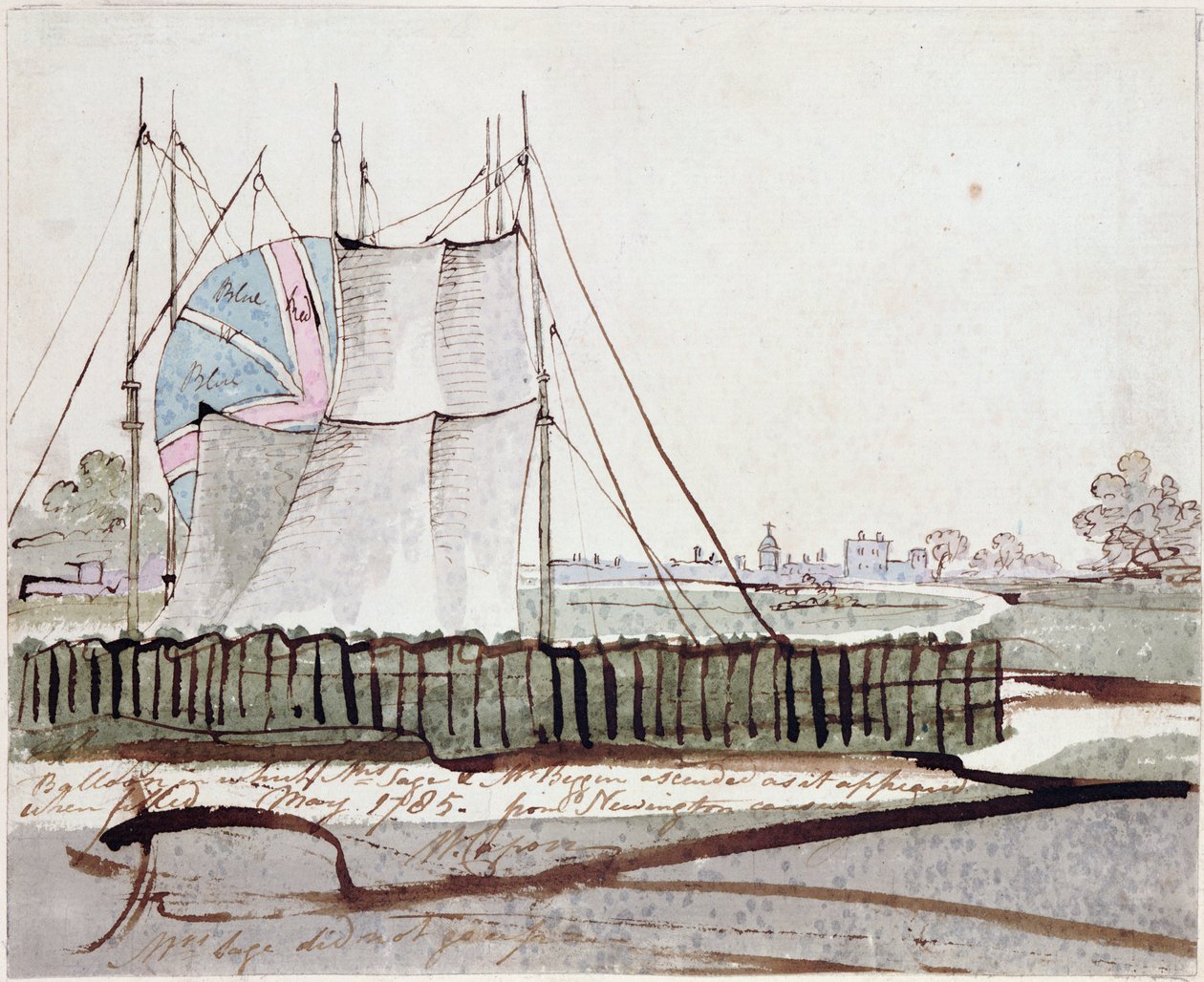 Utsikt över ballongen i Newington Causeway, maj 1785 (bläck och wc på papper) av English School