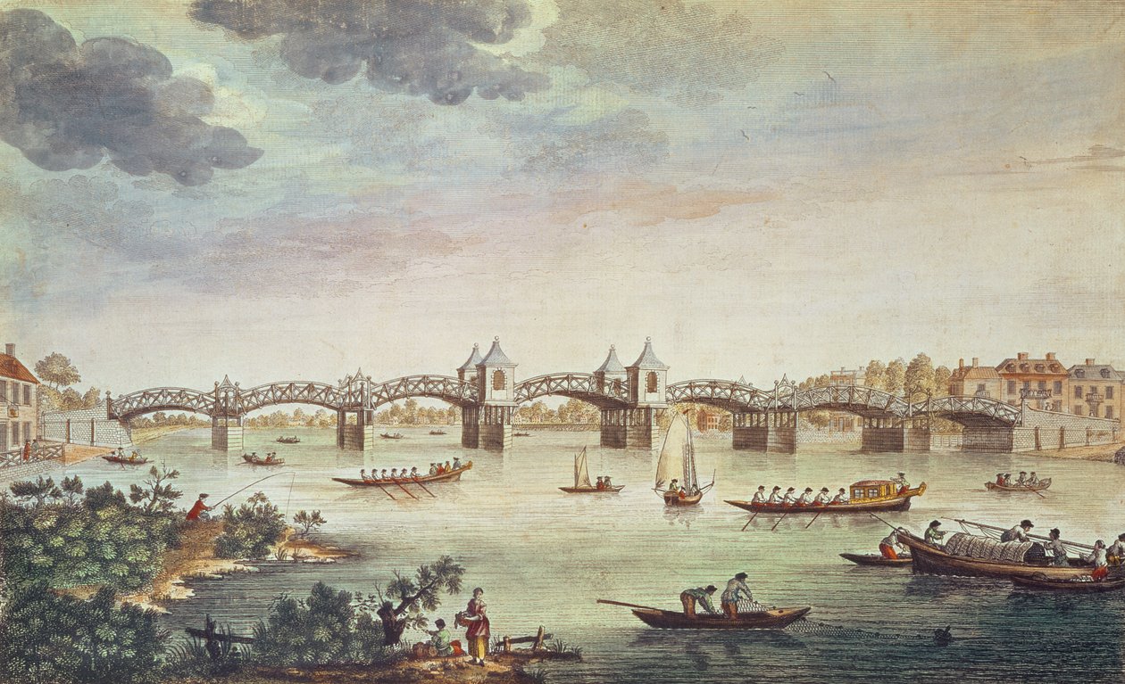 Utsikt över bron över Themsen vid Hampton Court, graverad av John Bowles (fl. 1724-56) av English School