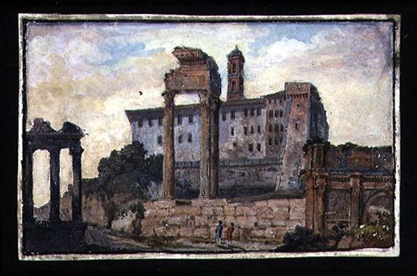Utsikt över Capitolium och Castor och Pollux-templen, Rom, ca 1800 (gouache på papper) av English School