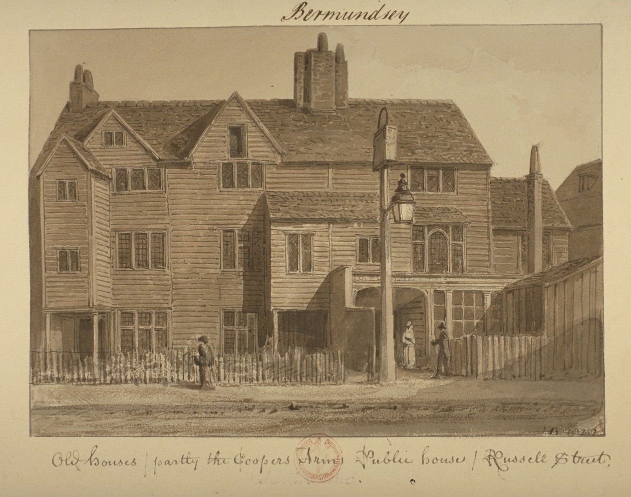 Utsikt över Coopers Arms Inn, Russell Street, 1828 (tvätt på papper) av English School