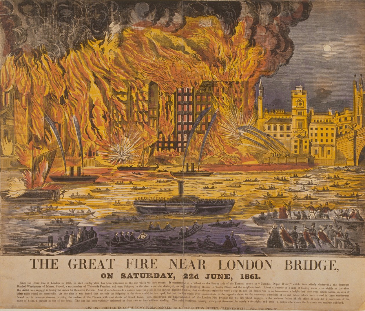 View of the Cottons Wharf Fire, 1861 (träsnitt i färg) av English School