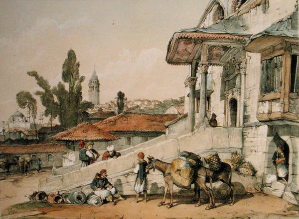 Vy över Galata-distriktet, början av 1800-talet (penna och bläck på papper) av English School