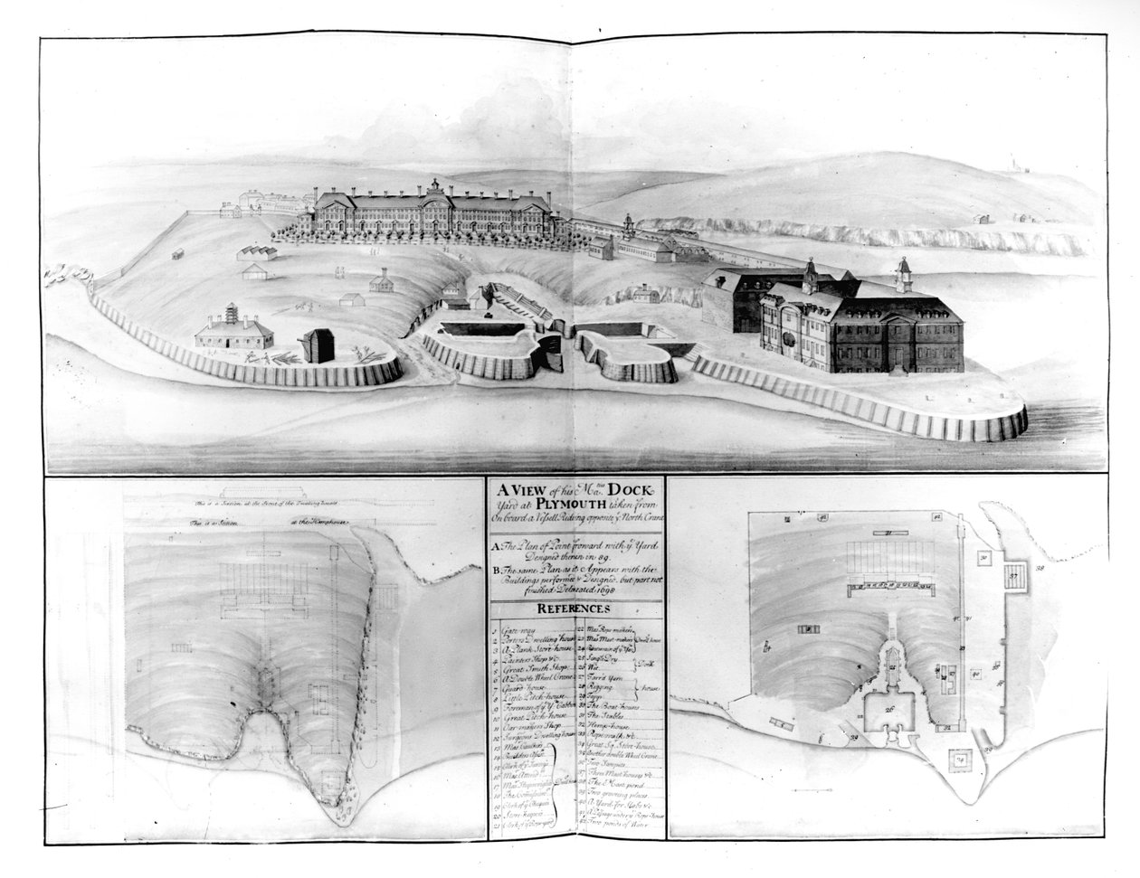 Utsikt över varvet i Plymouth, 1608 (wc & penna och bläck på papper) av English School