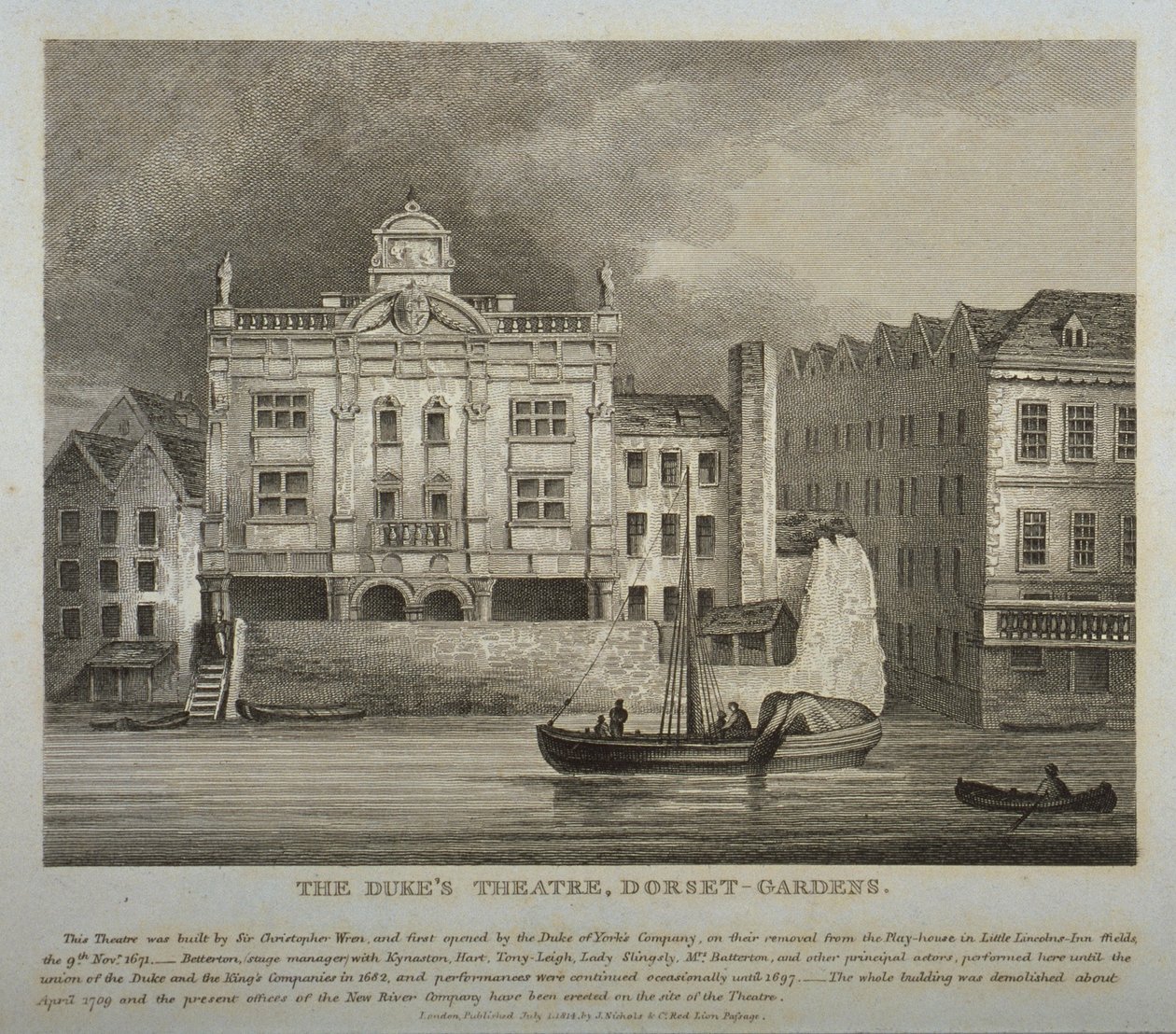 Utsikt över Dukes Theatre, Dorset Gardens, från Themsen, 1814 av English School