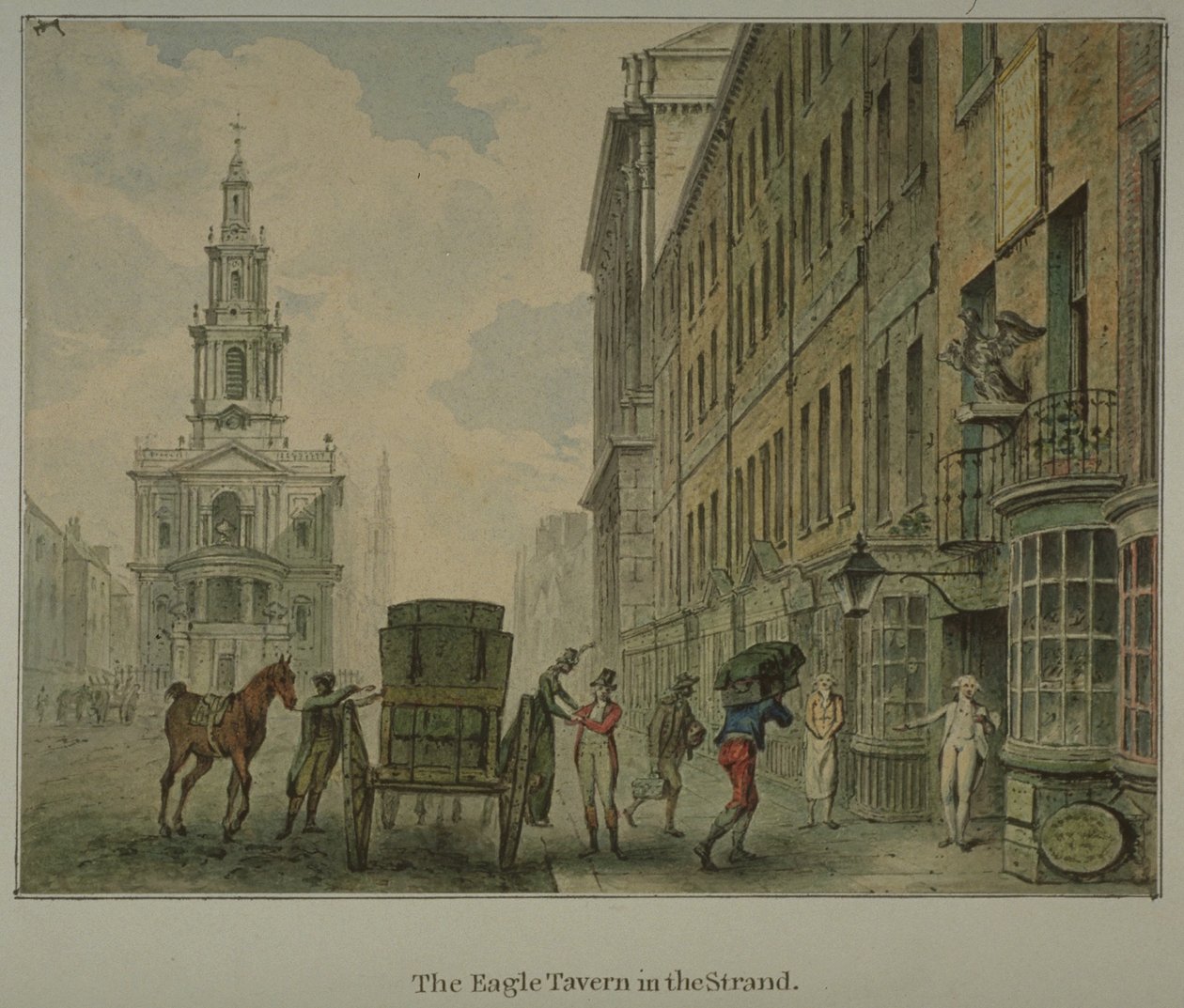 Utsikt över Eagle Tavern i Strand, Westminster, med en man som lossar produkter från en hästdragen vagn på vägen och St Mary le Strand i fjärran, ca 1800 (akvarell på papper) av English School