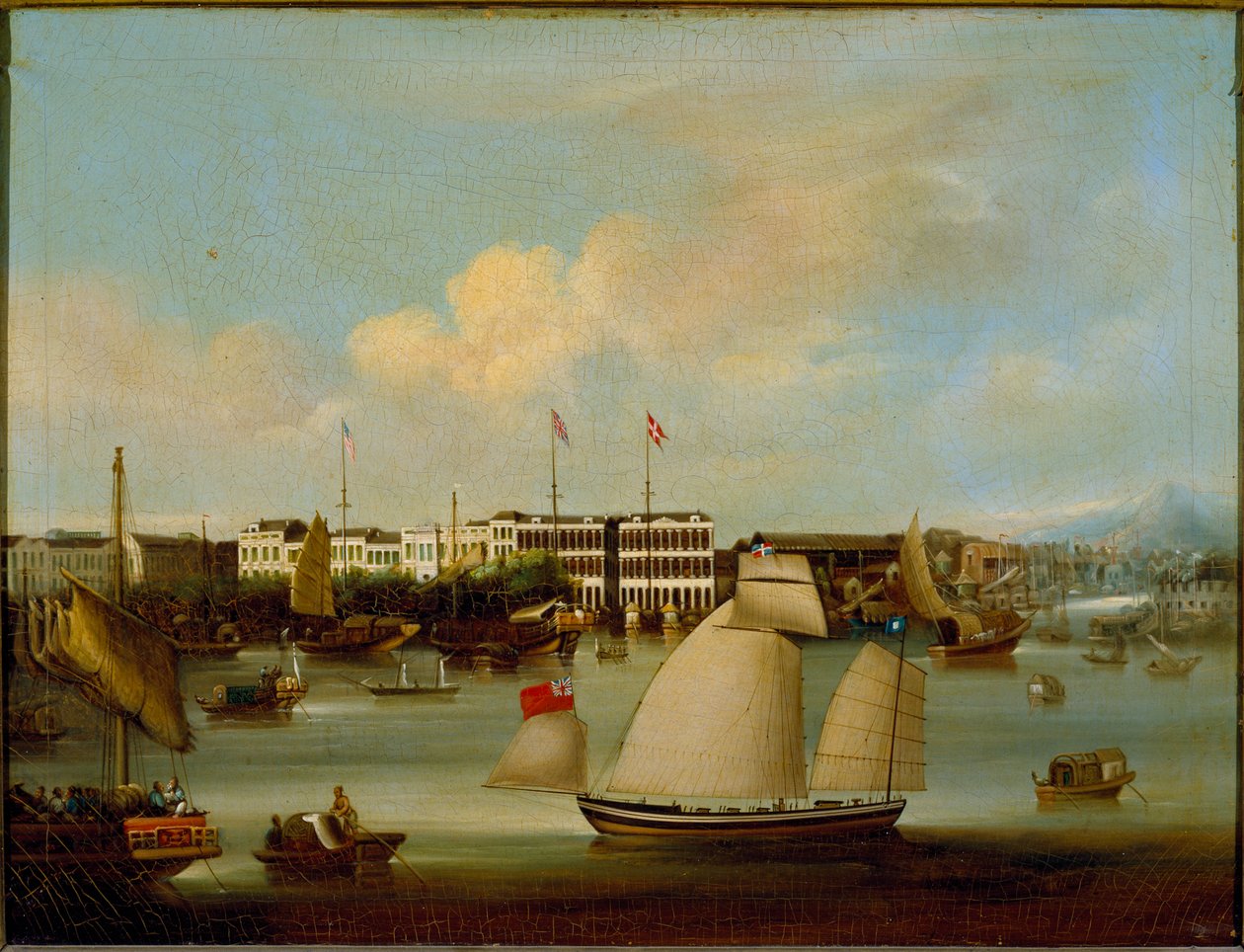 Vy över de utländska fabrikerna, Kanton, före 1850 (olja på duk) av English School
