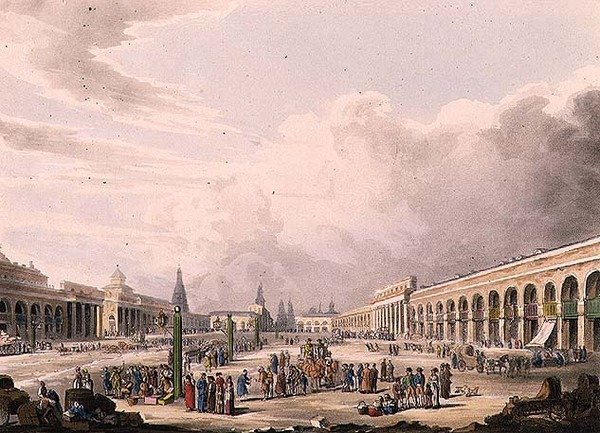 Utsikt över det stora torget med butikerna i Moskva, skylt 3 från "Historical Sketch of Moscow", pub. av Rudolph Ackermann (1764-1834) 1813 (akvatint) av English School