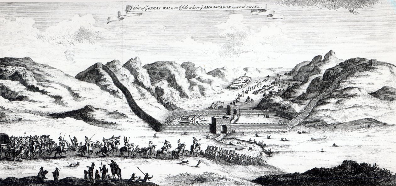 Vy över den stora muren på den sida där ambassadören gick in i Kina, från "A Collection of Voyages and Travels" av John Harris, 1748. av English School