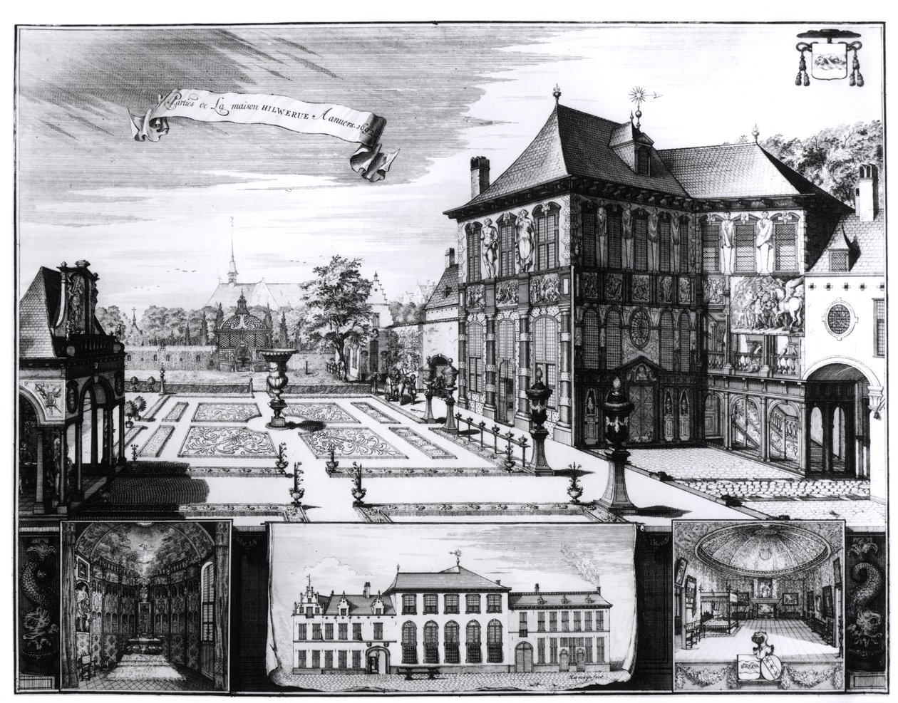 Utsikt över Hilwerue-huset som tillhör Peter Paul Rubens (1577-1640) 1692 (gravyr) (bw foto) av English School