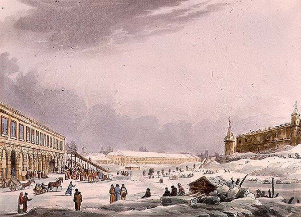 Utsikt över iskullarna under karnevalen i Moskva, tallrik 8 från "Historical Sketch of Moscow", pub. av Rudolph Ackermann (1764-1834) 1813 (akvatint) av English School