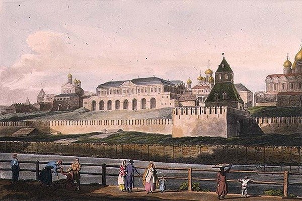 Utsikt över det kejserliga palatset i Kreml i Moskva, tallrik 7 från "Historical Sketch of Moscow", pub. av Rudolph Ackermann (1764-1834) 1813 (akvatint) av English School