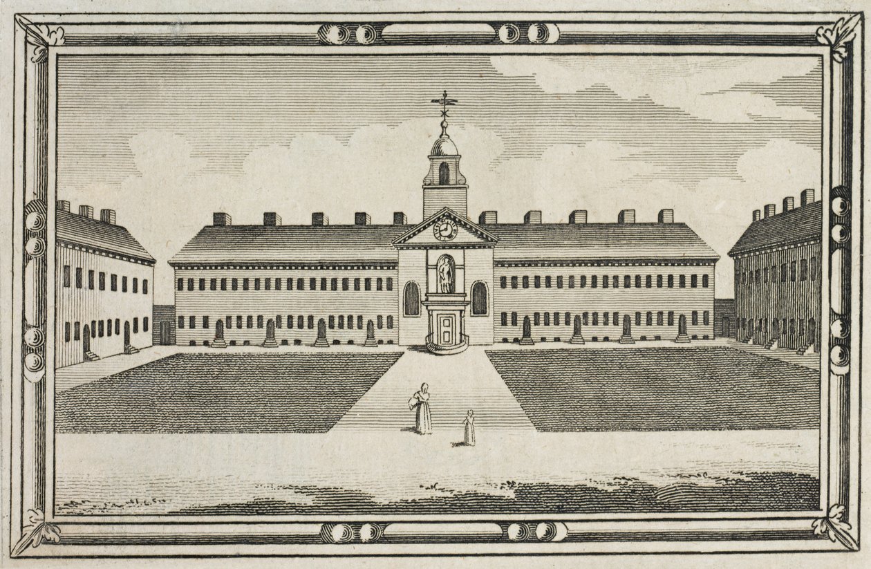 Utsikt över Ironmongers Company Almshouses, Kingsland Road, Hackney, ca 1820 av English School