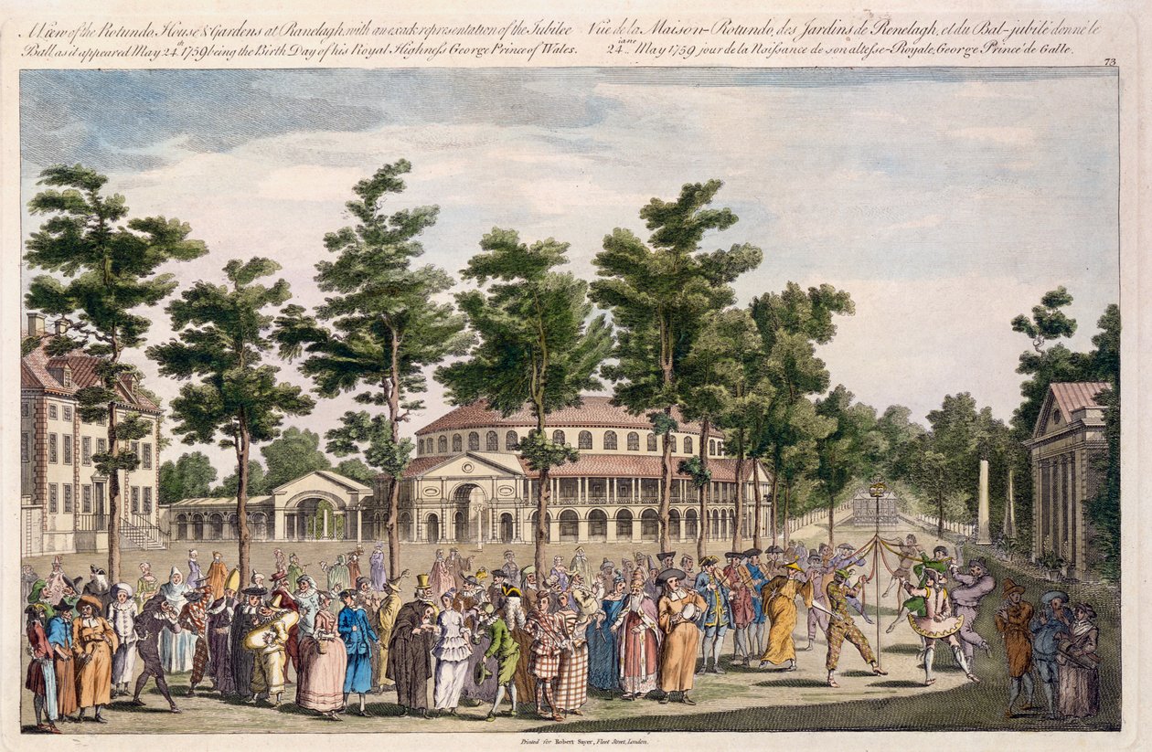 Utsikt över jubileumsbalen, Ranelagh Gardens, för att fira George, Prince of Wales födelsedag, 24 maj 1759 (handfärgad gravyr) av English School