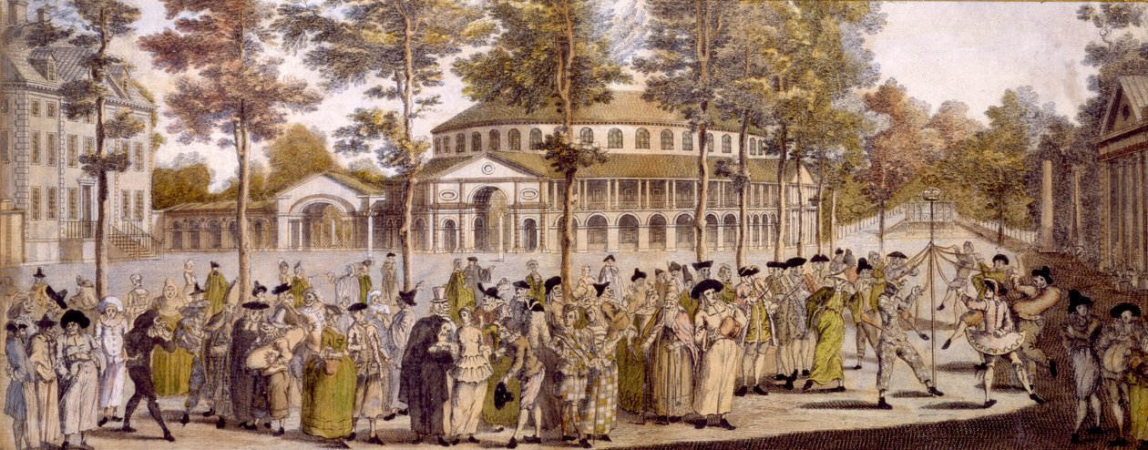 Utsikt över jubileumsbalen, Ranelagh Gardens, för att fira George, Prince of Wales födelsedag, 24 maj 1759 (handfärgad gravyr) av English School