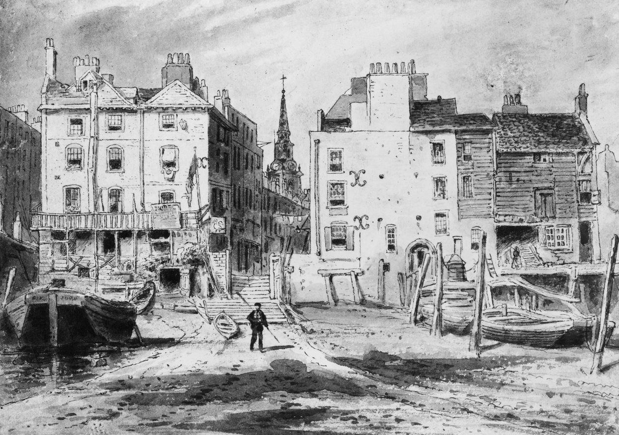 Utsikt över Old Hungerford Stairs, ca 1815 (penna och wc på papper) av English School