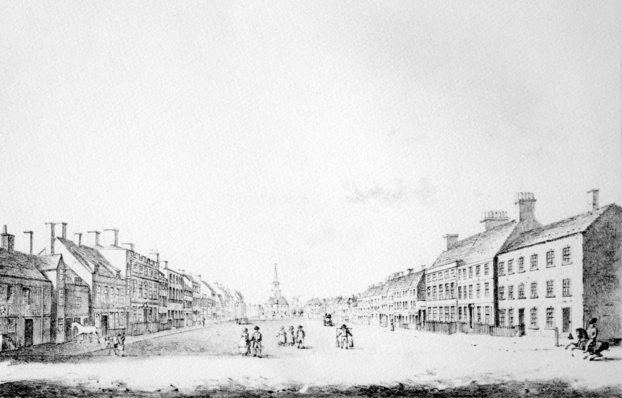 Utsikt över Principal Street of Stockton i County of Durham, 1796 av English School