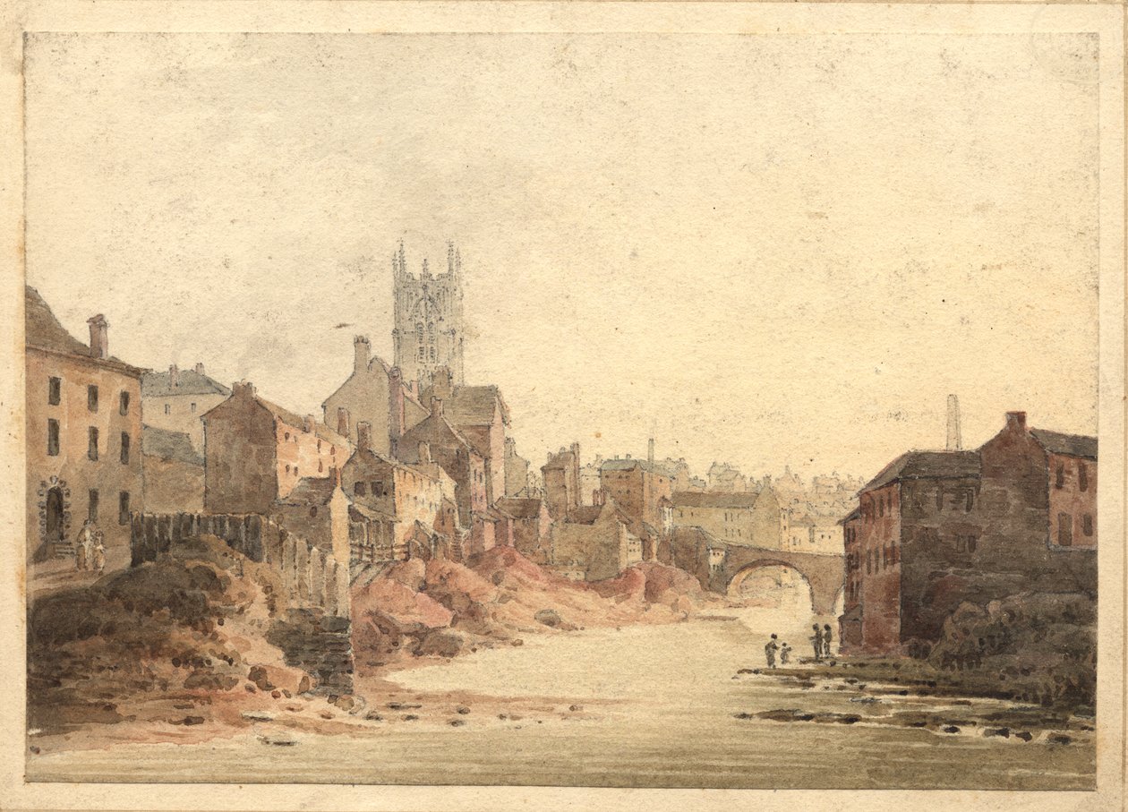 Utsikt över floden Irwell, Manchester, ca 1820-30 (wc på papper) av English School