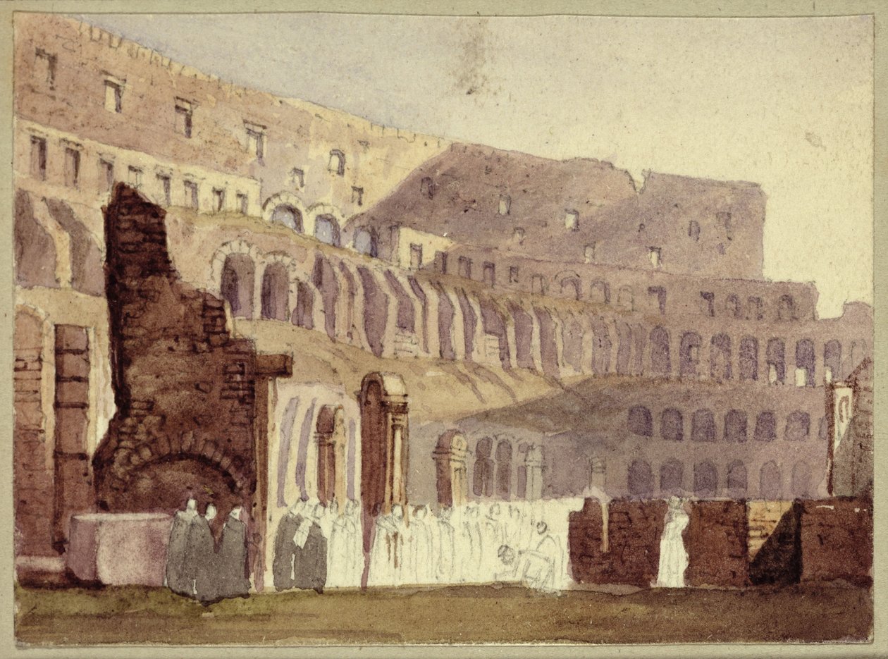 Utsikt över det romerska Colosseum, ca 1800 (wc och penna på papper) av English School