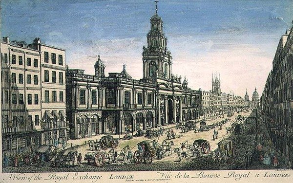 Vy över Royal Exchange, London, graverad av Pierre Moithey av English School