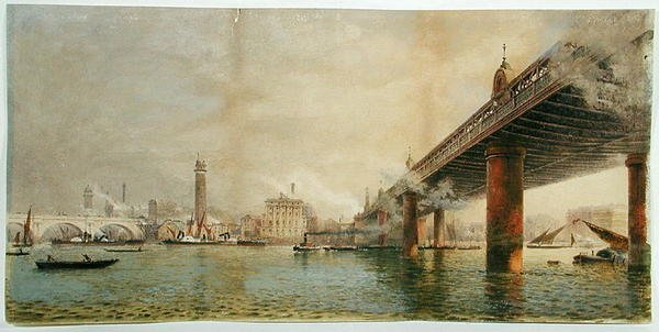Utsikt över Themsens södra strand mellan Waterloo och Hungerford Bridges, ca 1870 (akvarell på papper) av English School
