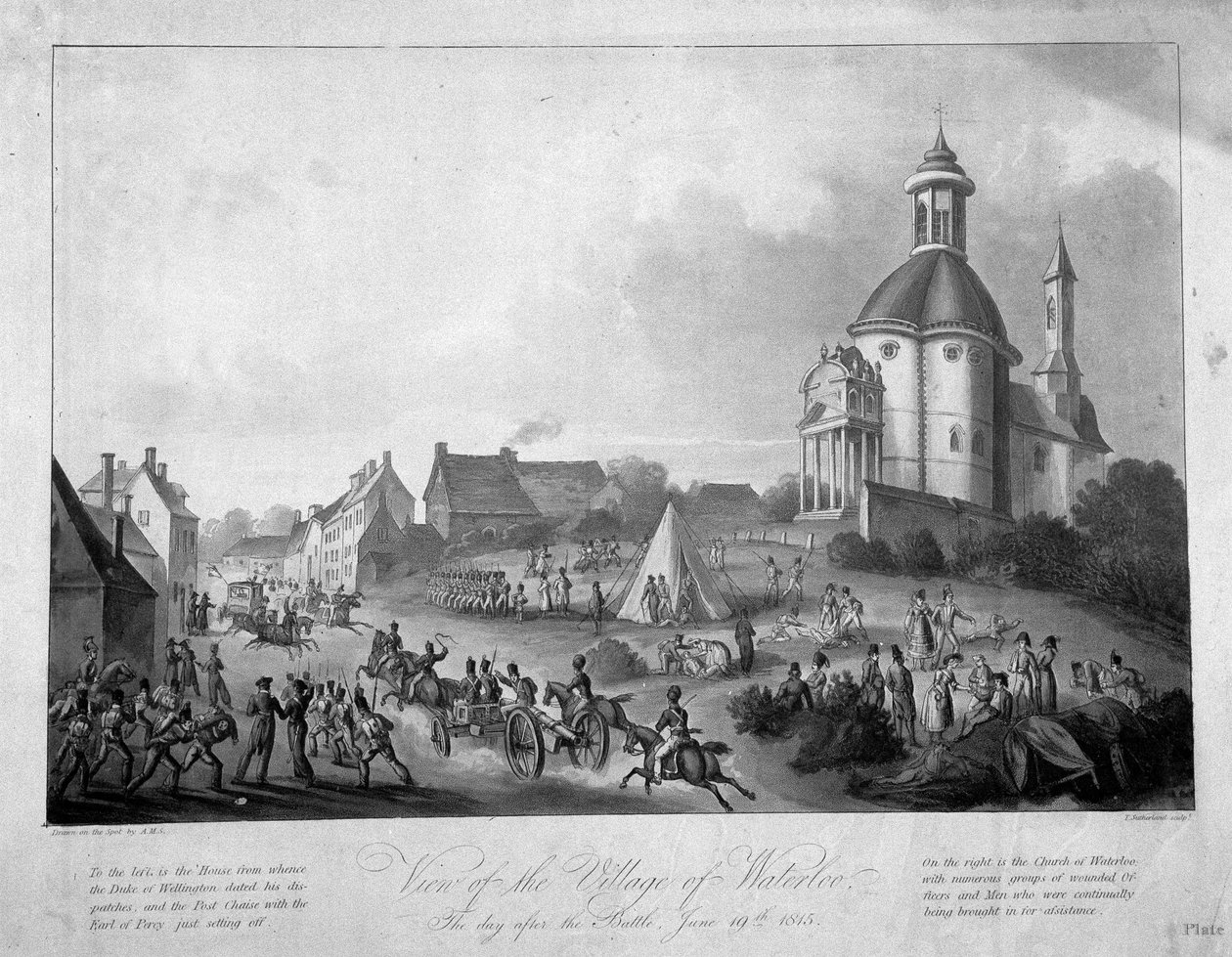 Utsikt över byn Waterloo dagen efter slaget, 19 juni 1815, 1816 (färgad akvatint) av English School