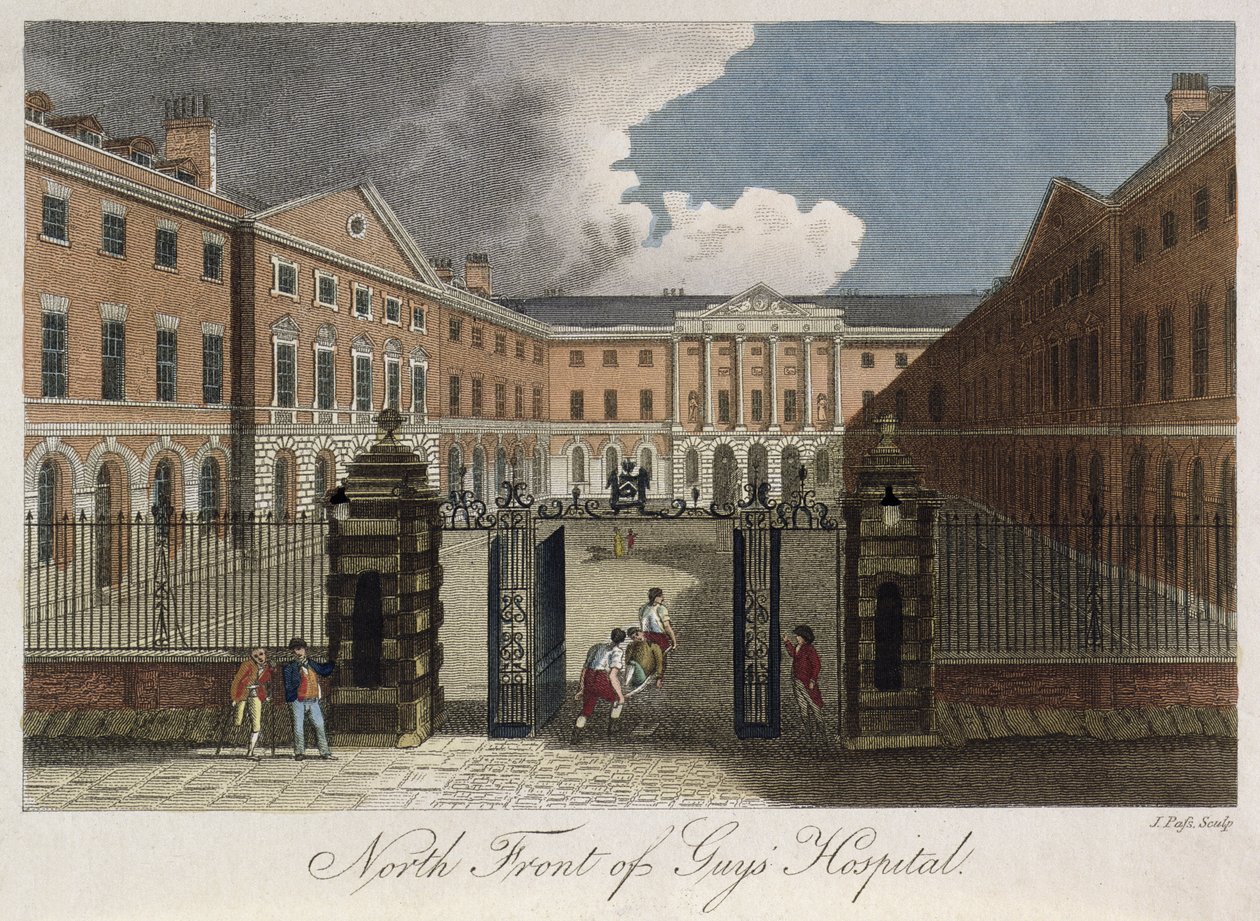 Vy över norra fronten av Guys Hospital, Southwark, som visar en man som båras genom de främre portarna, ca 1800 av English School
