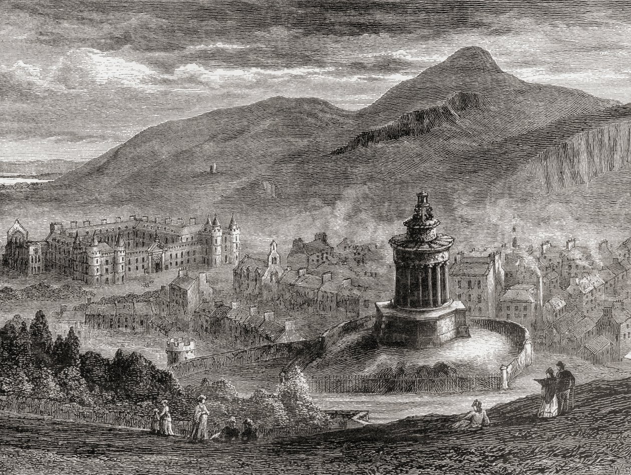 Utsikt över Edinburgh från The Burns Monument på Calton Hill, från "Scottish Pictures Drawn with Pen and Pencil", av Samuel G. Green, publicerad 1886 av English School