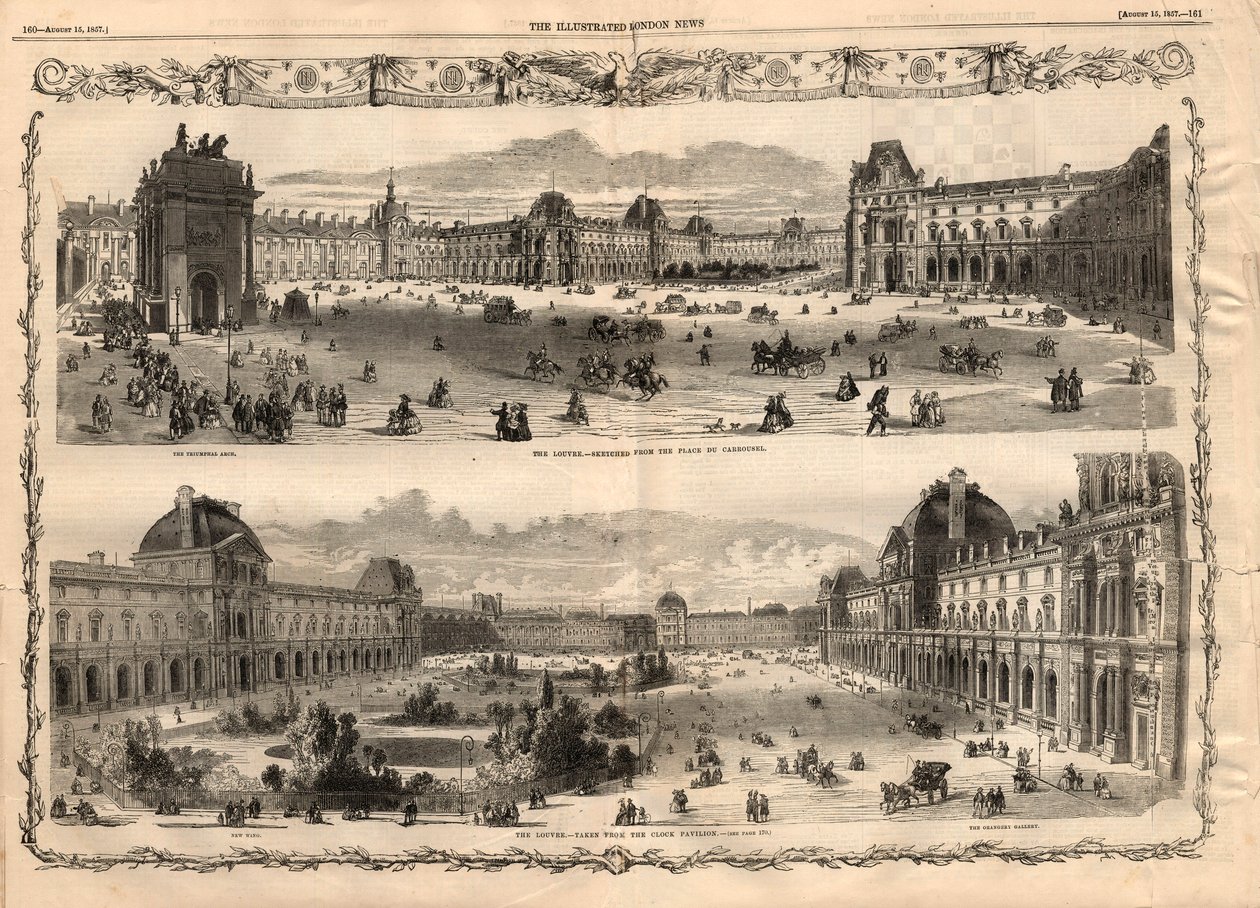 Utsikt över Cour Carree du Louvren i Paris. Gravyr i "The illustrated London News"" av 15 augusti 1857. av English School