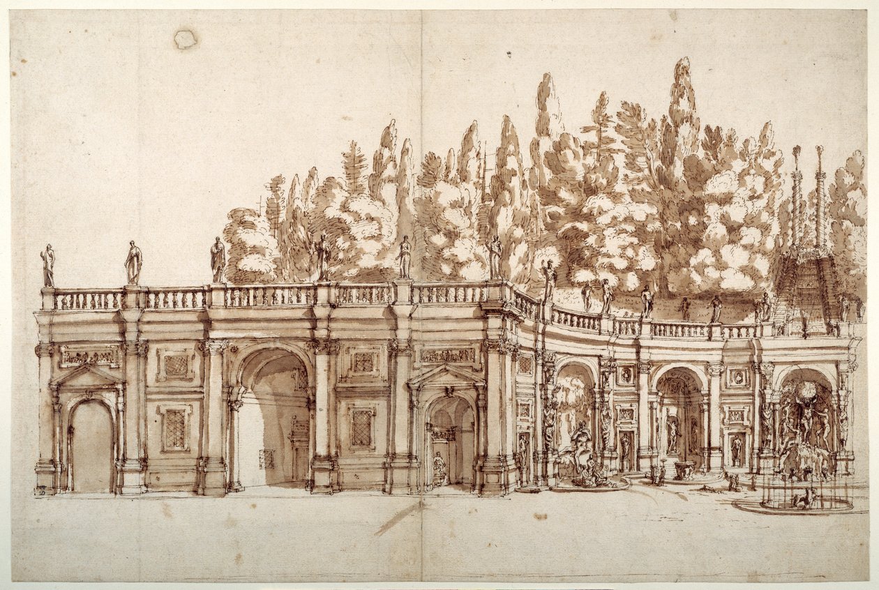 Villa Aldobrandini i Frascati (penna och brunt bläck på papper) av English School