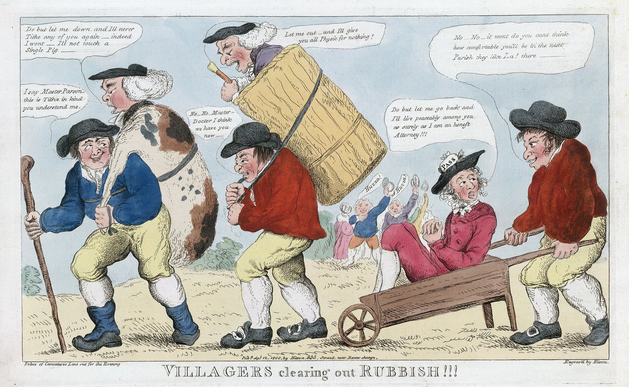 Bybor rensar bort skräp!!!, pub. 1800 (handfärgad gravyr) av English School