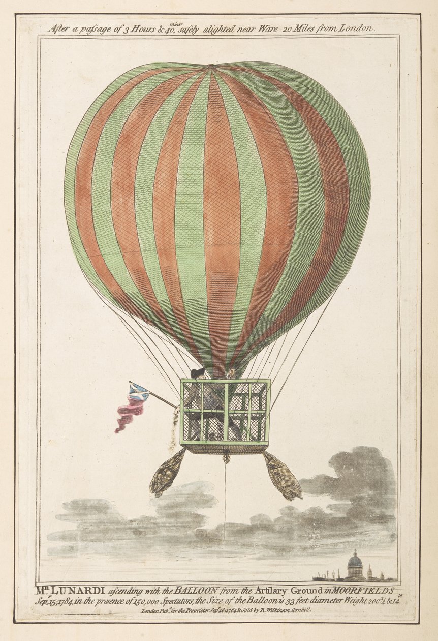 Vincent Lunardi i luften efter sin uppstigning från Moorfields, september 1784 (färgad gravyr) av English School