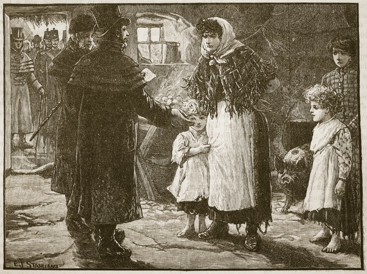 Besök av Tithe Proctor, Irland, 1832, illustration från Cassells Illustrated History of England (sepiafoto) av English School