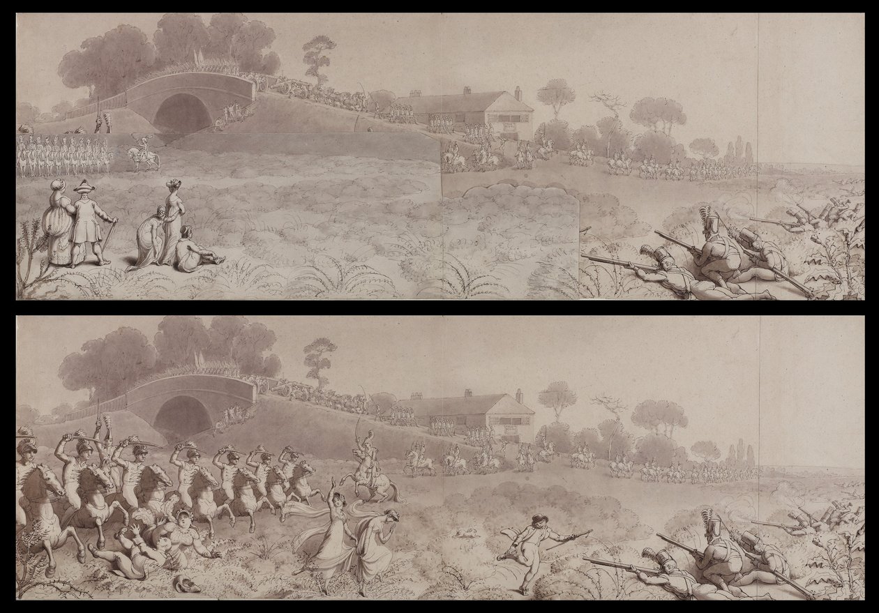 Volontärgranskning på Wormwood Scrubs som visar Mitre Tavern och Mitre Bridge, Hammersmith, ca 1800 (tvätt på papper) av English School