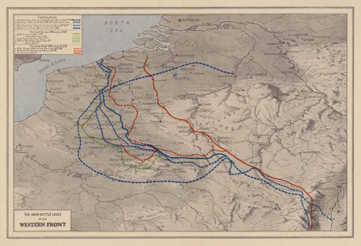 WW1: De viktigaste stridslinjerna på västfronten (färglitografi) av English School