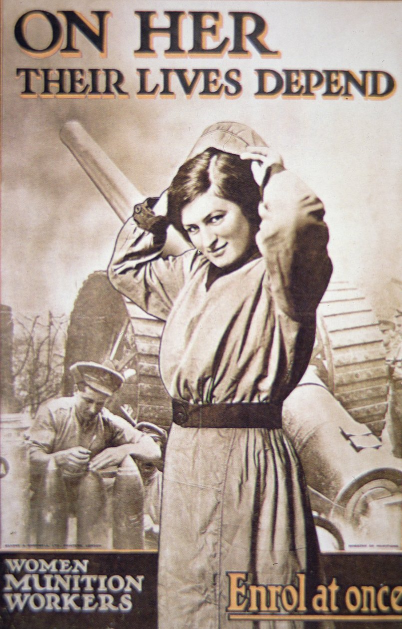 WWI-affisch som uppmuntrar Women Ammunition Workers, ca 1914-18 (lito i färg) av English School