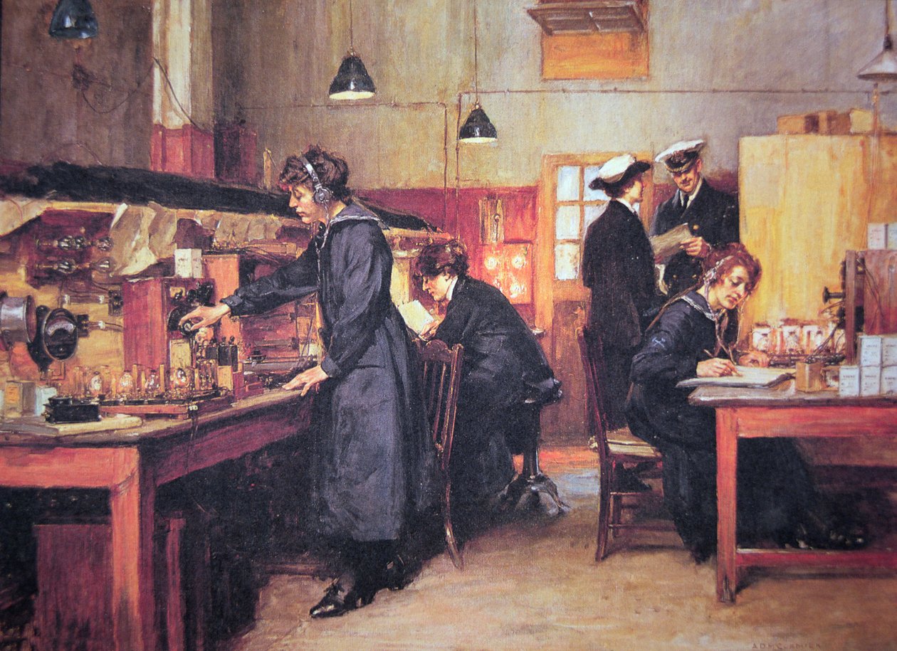 Kvinnliga radio- och telefonoperatörer från den kungliga flottan från första världskriget (färg litho) av English School