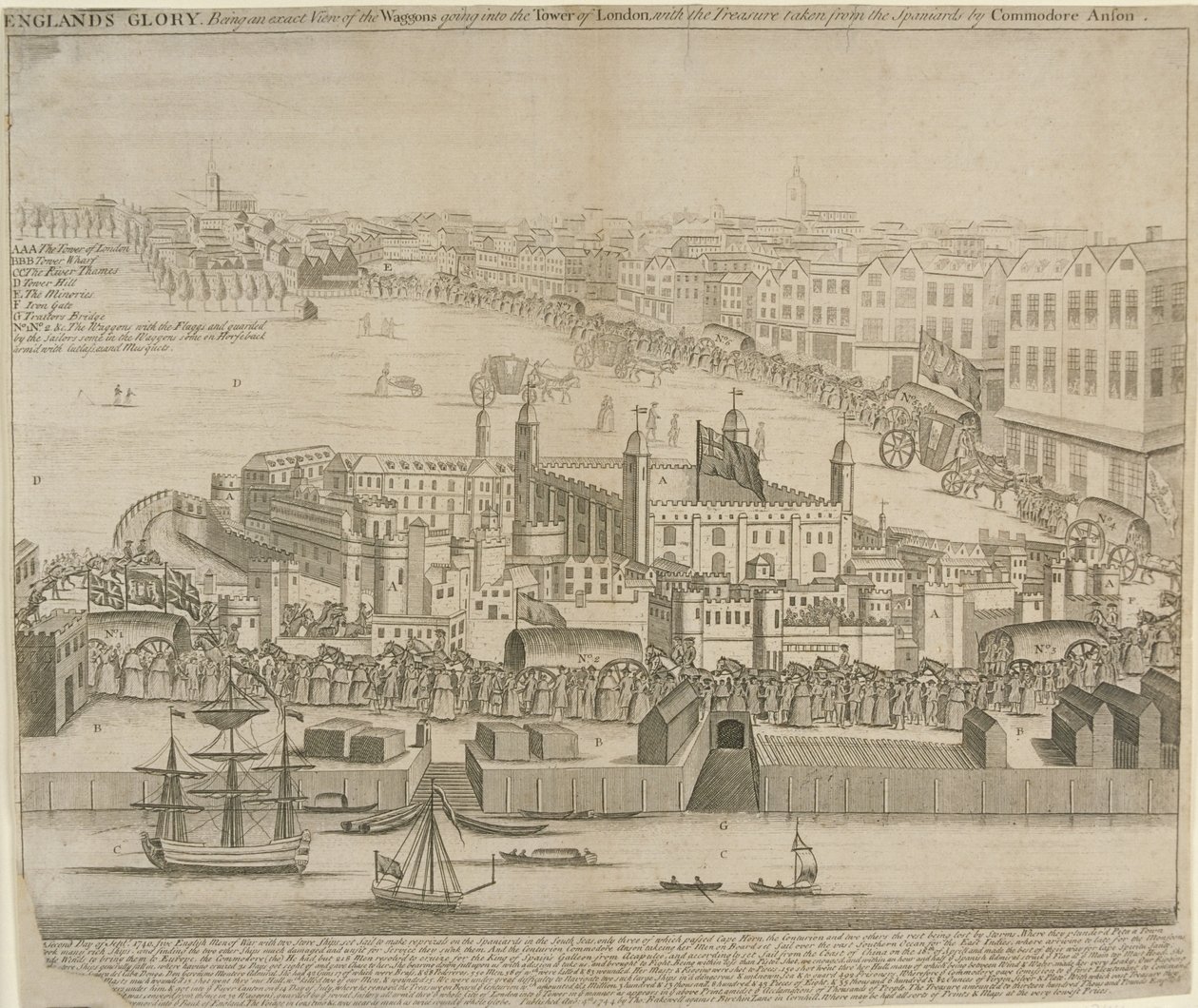 Vagnar med skatter fördes in i Tower of London, 1744 av English School