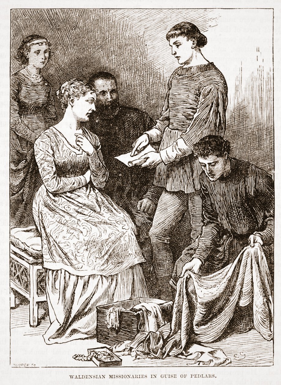 Waldensiska missionärer i skepnad av Pedlars, illustration från The History of Protestantism av James Aitken Wylie (1808-1890), pub. 1878 av English School