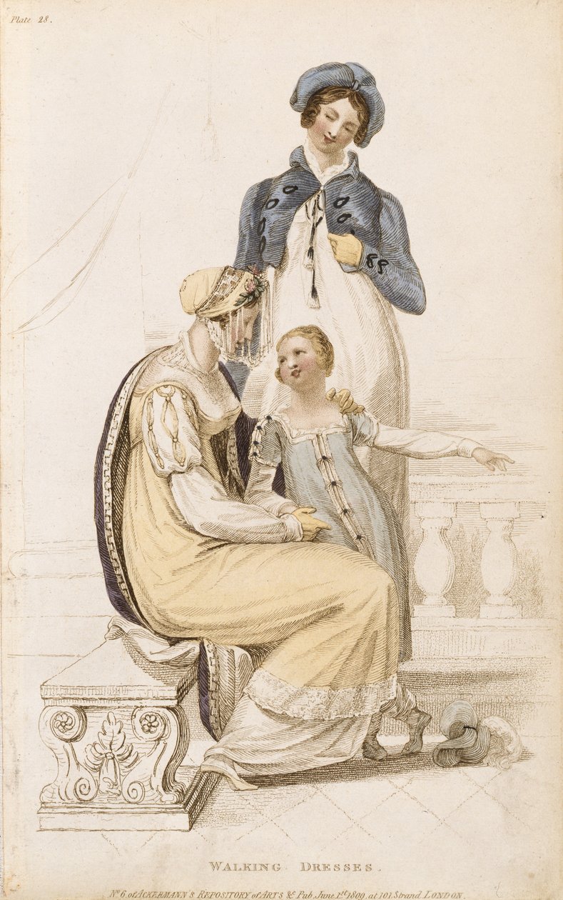 Walking Dresses, modetallrik från Ackermanns Repository of Arts, pub. 1 juni 1809 av English School