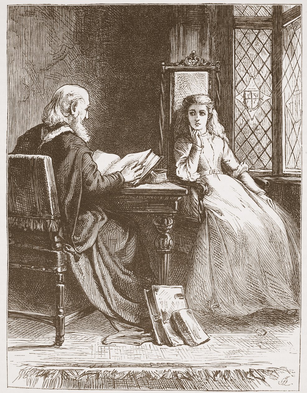 Walter Capel läser skrifterna för sin dotter, illustration från The History of Protestantism av James Aitken Wylie (1808-1890), pub. 1878 av English School