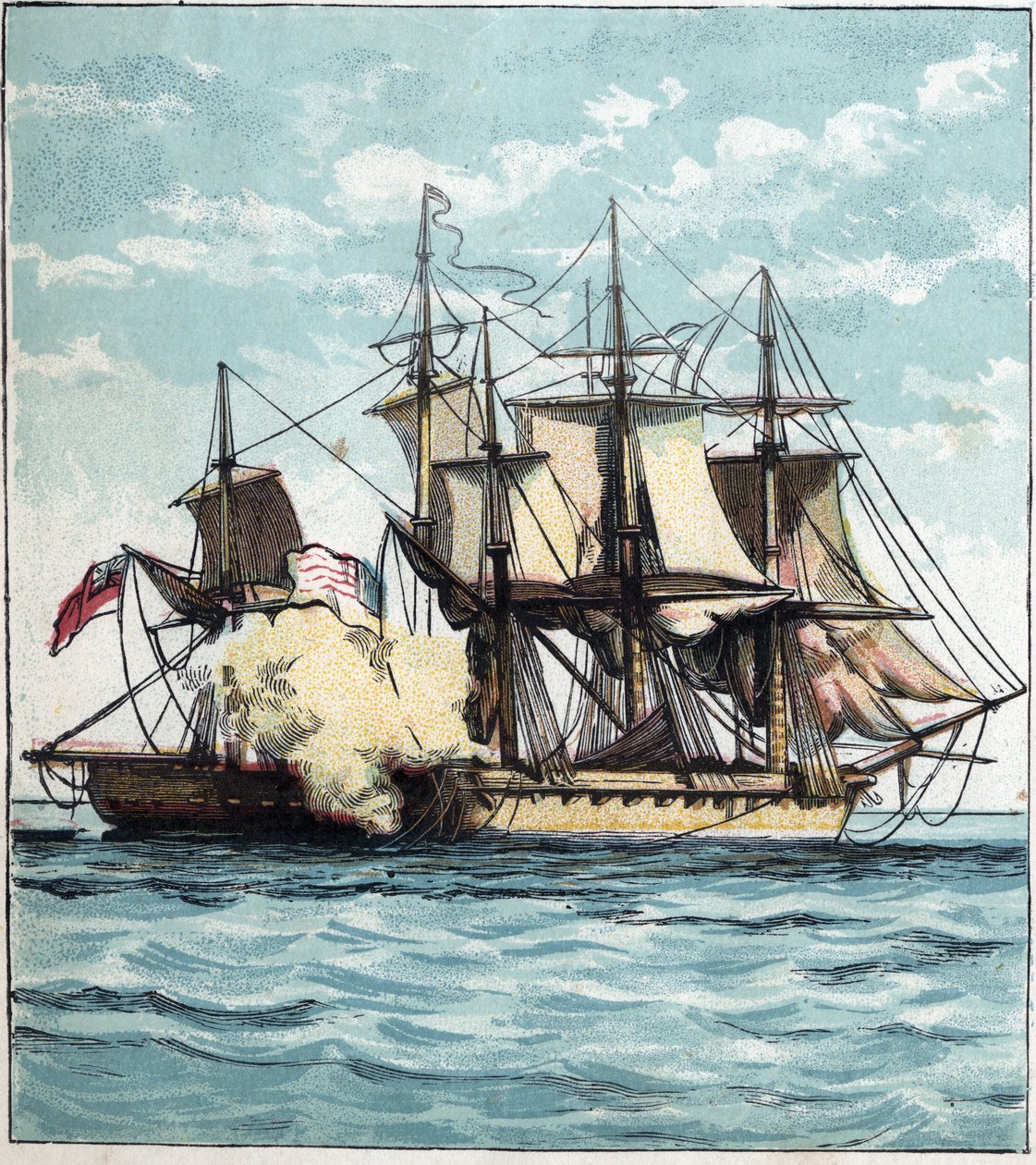 1812 års krig mellan USA och Storbritannien: Chesapeake-fregatten under sjöstriden mot den brittiska fregatten "" Shannon"" den 1/06/1813 utanför Boston. "Chesapeake och Shannon" av English School