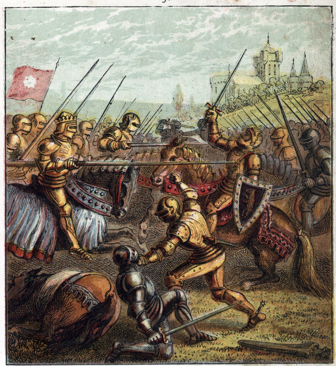 De två rosornas krig (1455-1485); Slaget vid Tewkesbury (4 maj 1471). Illustration av det engelska inbördeskriget som föddes genom uppdelningen av efterträdarna till kung Edward III (1327-1377) i två grenar. Slaget vid Tewkesbury: det sista slaget i rosenk av English School