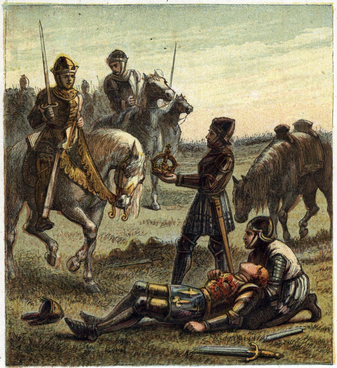 War of the Two Roses: död av kung Richard III (1452-1485) under slaget vid Bosworth Field, som mellan 22/08/1485 Richard III och Henri, hertig av Richmond. Den senare fick dechukungens krona och blev Henry VII känd som Henry Tudor av English School