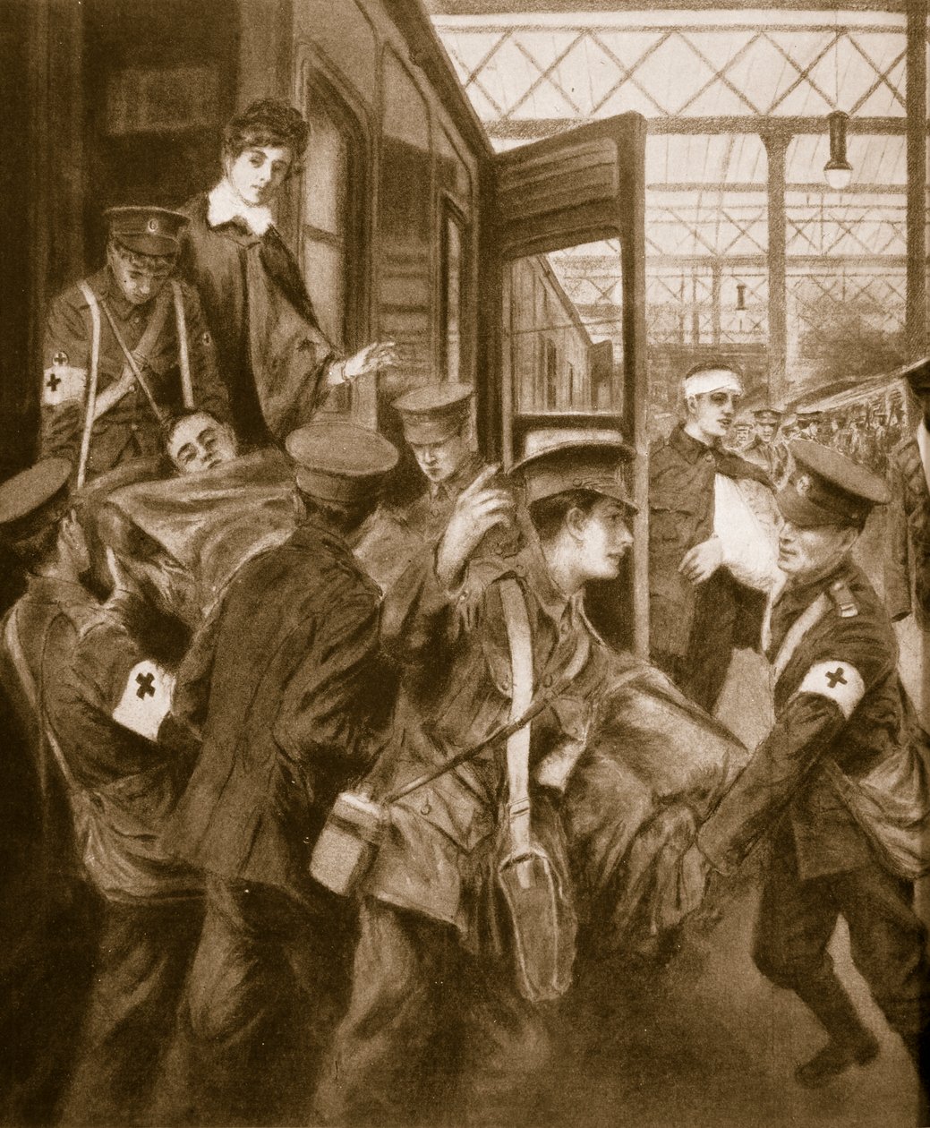Krigsskadade anländer till en tågterminal i London, 1914-19 av English School