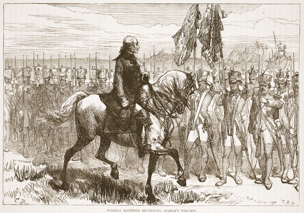 Warren Hastings granskar Pearses kolumn, illustration från Cassells Illustrated History of India av James Grant, pub. 1879 av English School