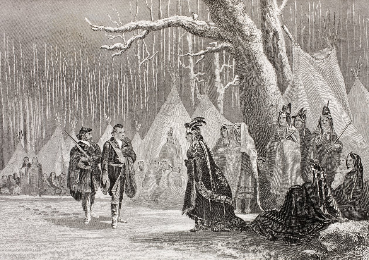 Washington och Gist besöker den indiska drottningen Alliquippa, från 