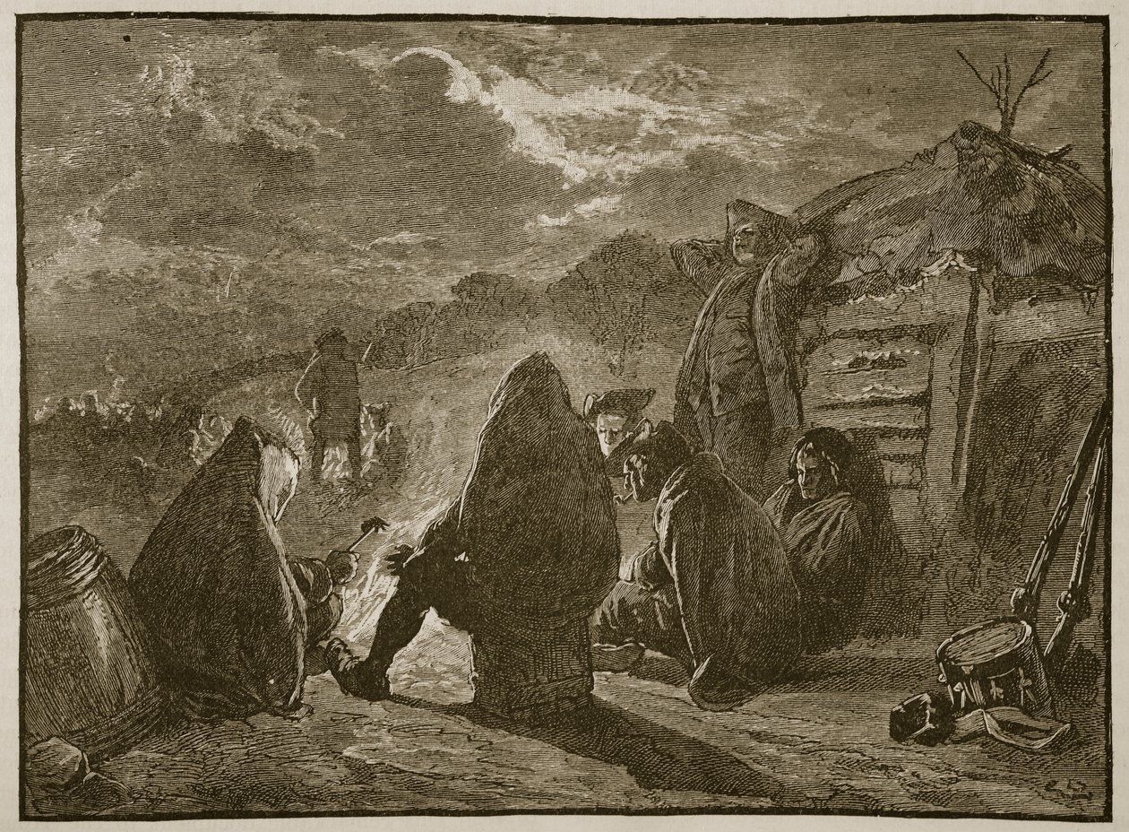 Washington vid lägerelden i Valley Forge, illustration från Cassells Illustrated History of England (sepiafoto) av English School