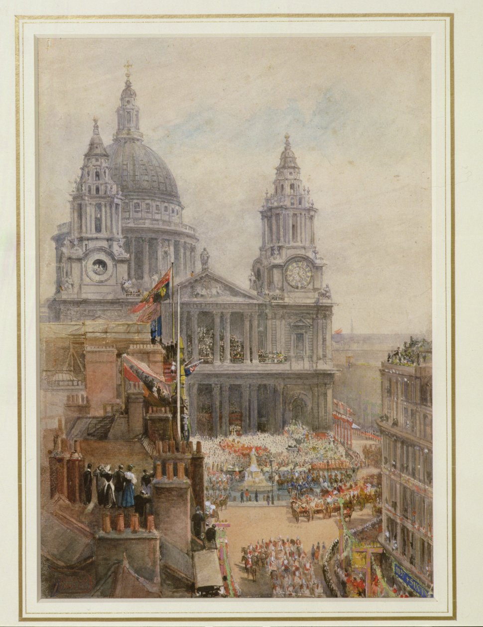 Tittar på drottning Victorias jubileumsfirande utanför St. Pauls (wc på papper) av English School
