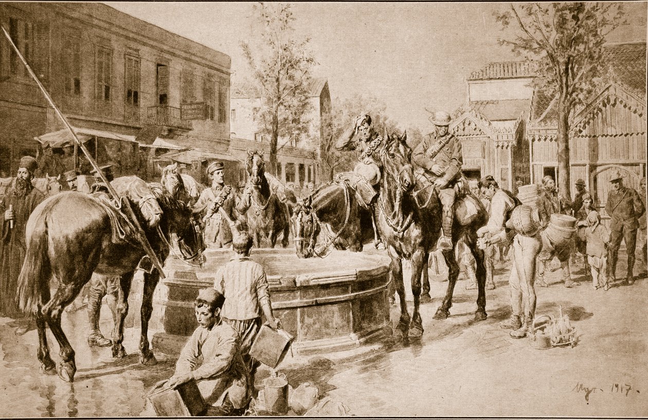 Vatten för människor och odjur: en typisk scen i Salonika, 1914-19 av English School
